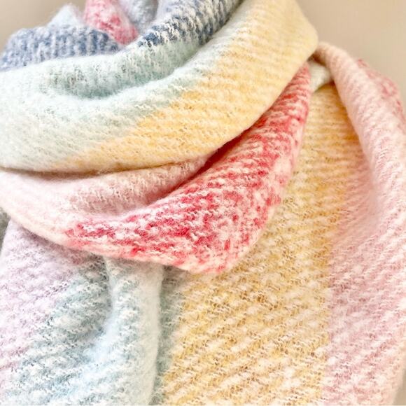 Renne's NYC Women's Soft Plush Scarf in Pastel Rainbow Rectangle Scarf w/ Fringe - Picture 4 of 10
